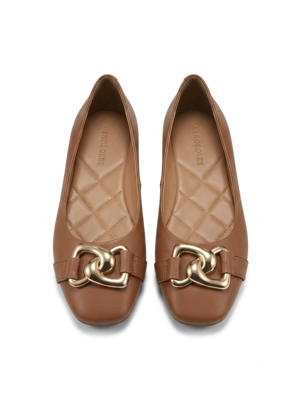 AEROSOLES Tan Leather Ballet Flats with Gold Chain Accent